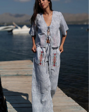 將圖片載入圖庫檢視器 LL114BB109條紋棉紗十字繡長褲（暗藍）
