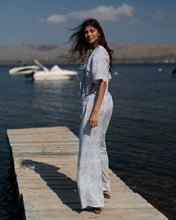 將圖片載入圖庫檢視器 LL114BB109條紋棉紗十字繡長褲（暗藍）
